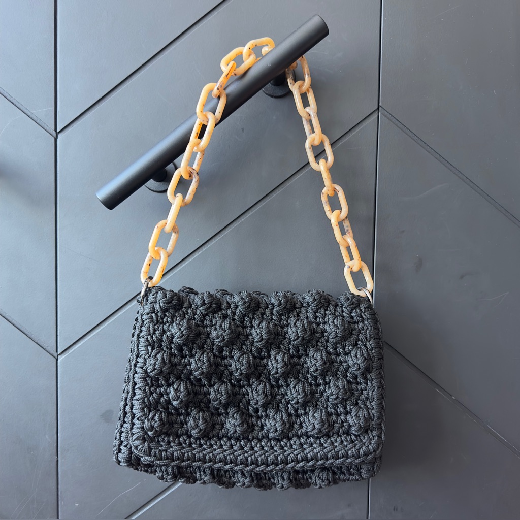 One&Only Black Crochet Shoulder Bag With Chain Strap